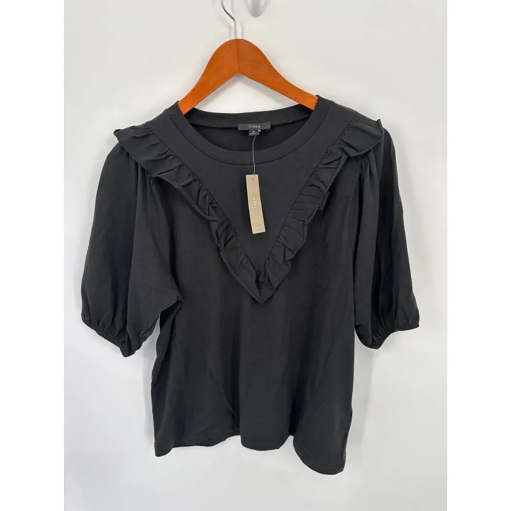 J. CREW NWT Black Short sleeve Ruffle Bib Tee Blouse // S